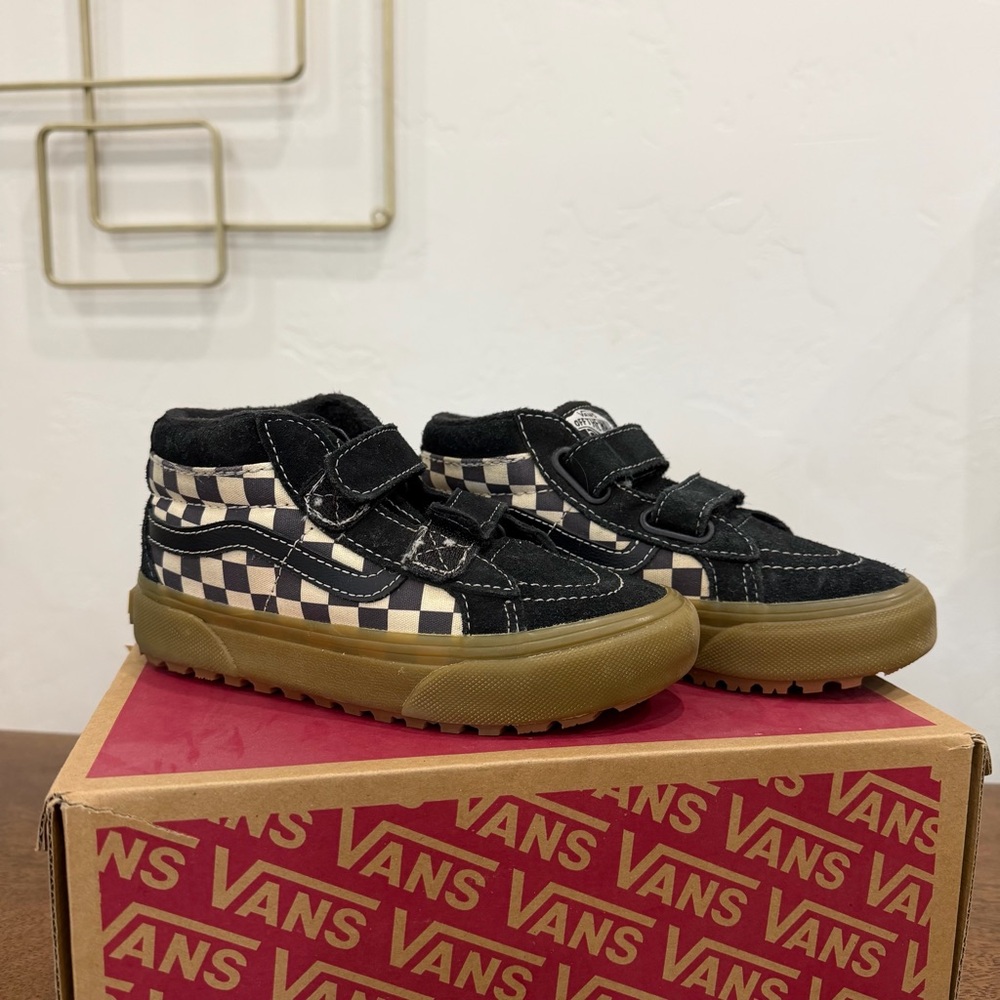 Vans Kids Black and Cream Checkerboard Mid-Top Sneakers